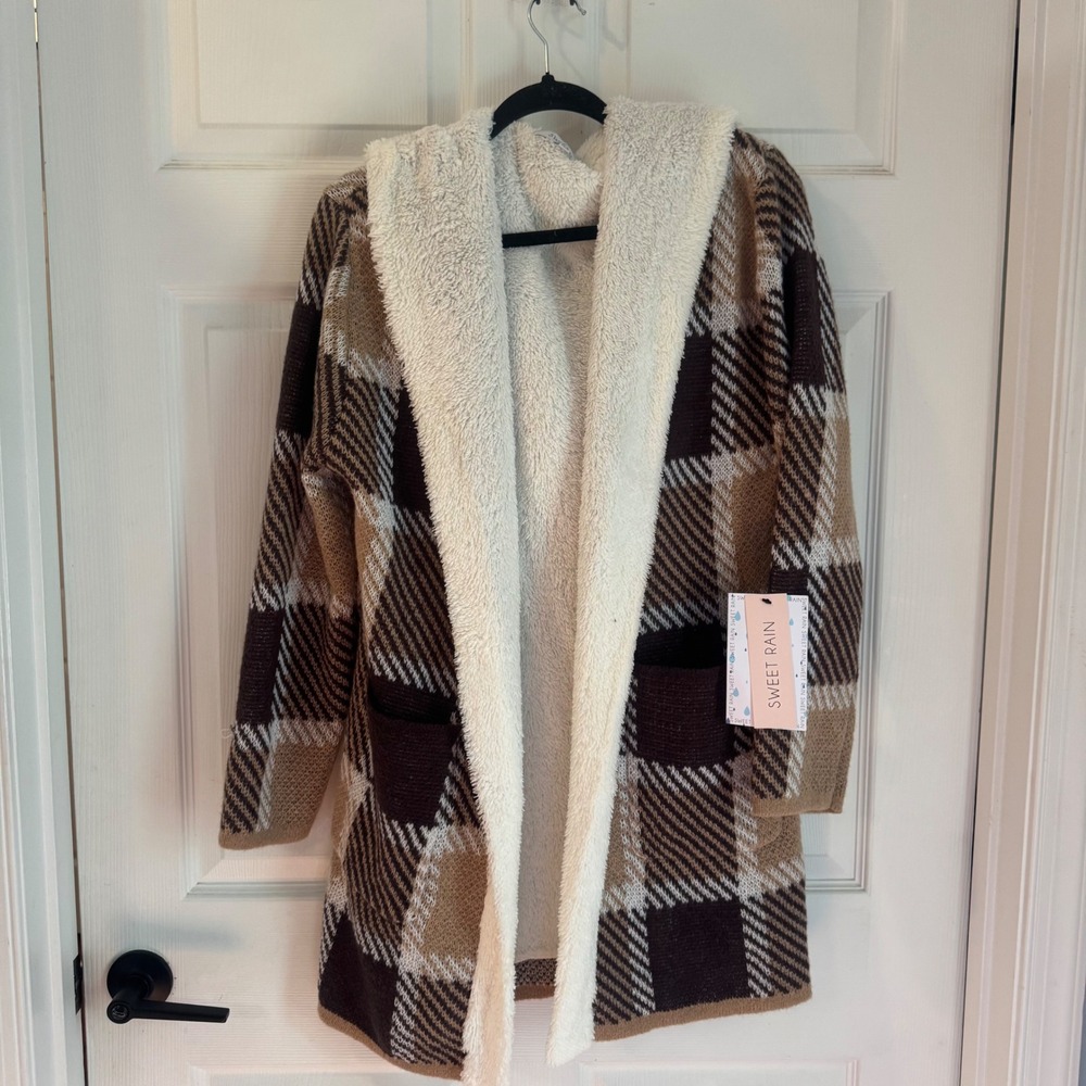 Sweet Rain Hooded Cardigan Women L Brown Plaid Faux Shearling Lined Pockets